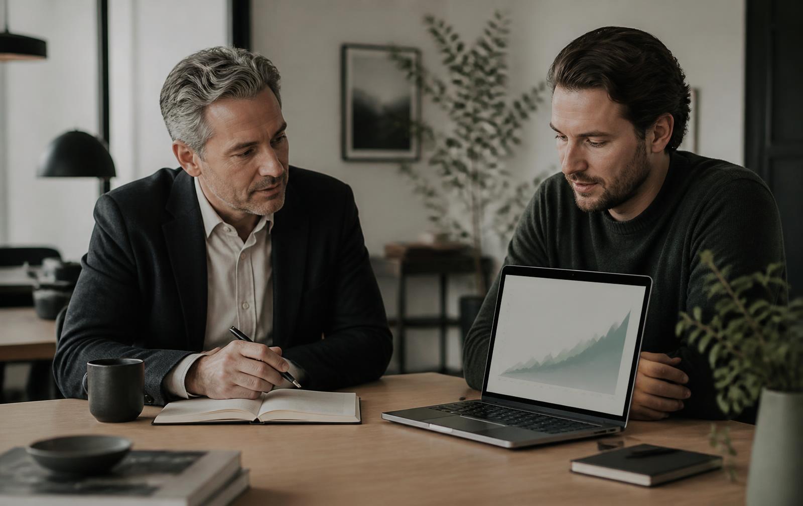 VD och ekonomisk rådgivare går igenom en prognos på en laptop vid ett mötesbord