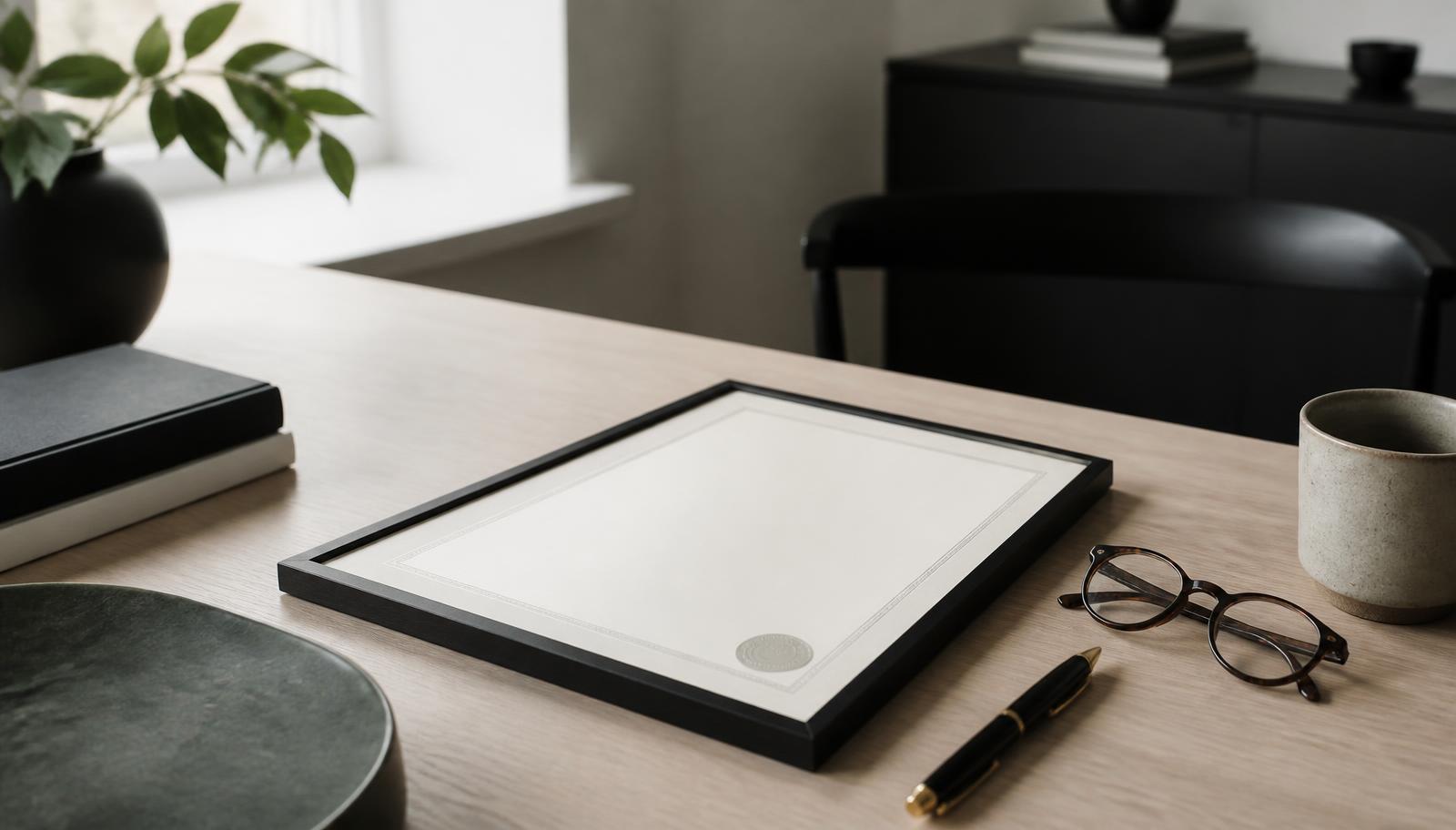 Skrivbord med ett inramat auktorisationsintyg, läsglasögon och en penna i ett ljust nordiskt kontor
