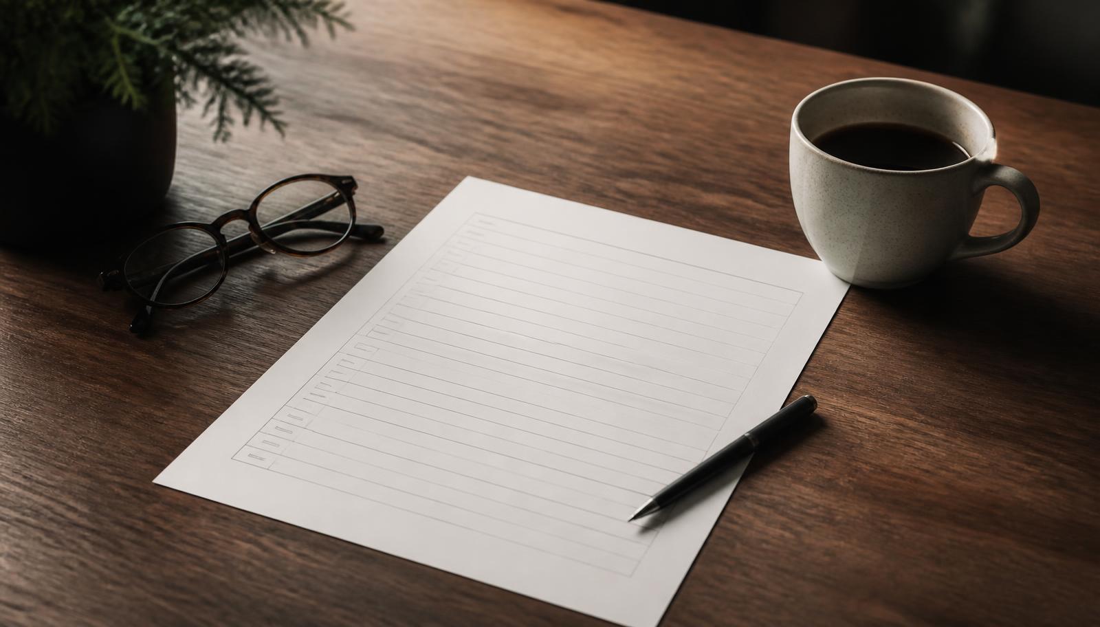 Skrivbord med en blankett, penna, glasögon och en kopp kaffe - underlag inför deklarationen för en delägare i fåmansföretag